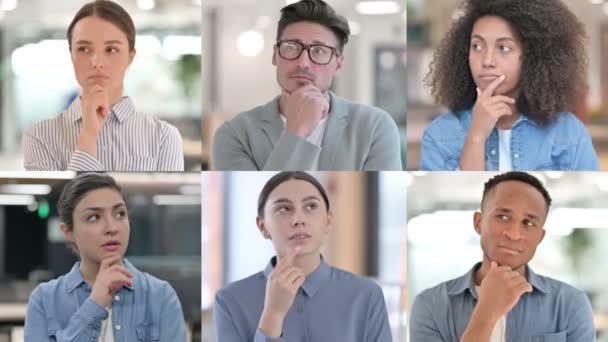 Collage de personas de múltiples razas haciendo lluvia de ideas, pensando — Vídeo de stock