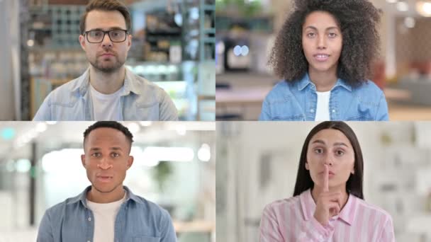 Colagem de Raças Diferentes Pessoas Mostrando Sinal Silencioso, Dedo em Lábios — Vídeo de Stock