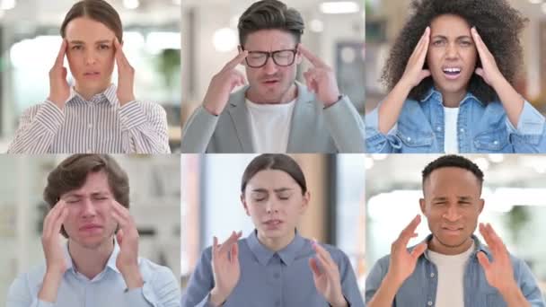 Kolaż wielorakich ras osób mających ból głowy — Wideo stockowe