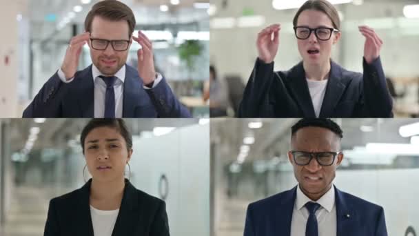 Collage junger Geschäftsleute mit Kopfschmerzen — Stockvideo