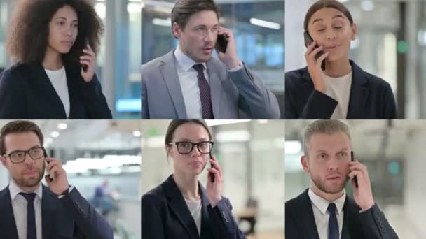 Collage van jonge zakenmensen praten op Smartphone — Stockvideo