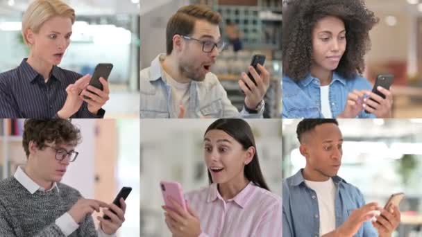 Collage van Meerdere Race Mensen vieren succes op Smartphone — Stockvideo