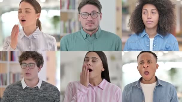 Colagem de pessoas sonolentas de várias raças bocejando — Vídeo de Stock