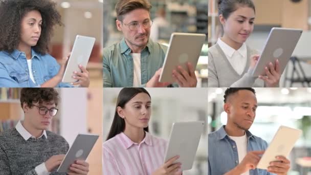 Colagem de pessoas de várias raças usando Tablet Digital — Vídeo de Stock
