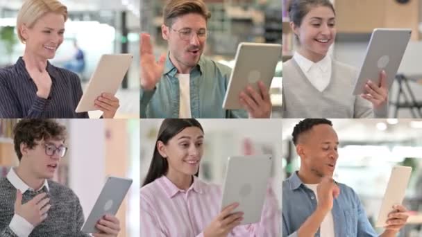 Коллаж нескольких рас людей, разговаривающих по видеосвязи на планшете — стоковое видео