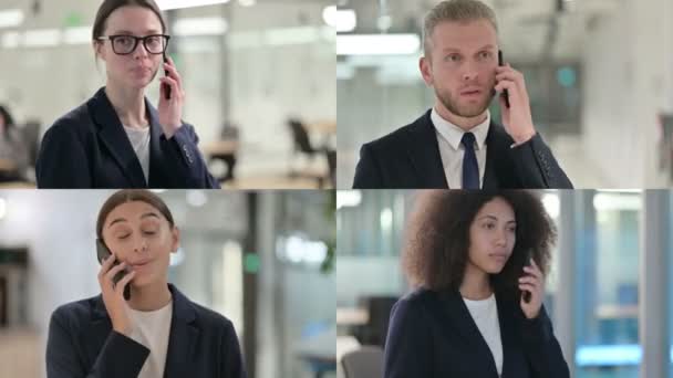 Koláž mladých podnikatelů mluvící na smartphonu — Stock video