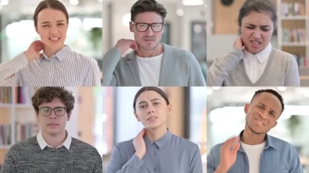 Collage von Menschen mehrerer Rassen mit Nackenschmerzen — Stockvideo