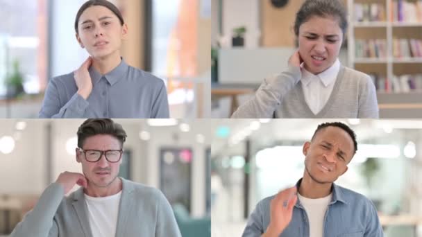Collage verschiedener Rassen Menschen mit Nackenschmerzen — Stockvideo