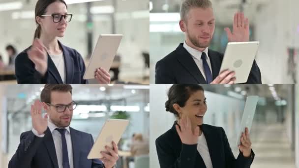 Koláž mladých podnikatelů mluvící na video volání na tabletu — Stock video