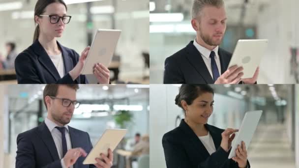 Collage junger Geschäftsleute mit digitalem Tablet — Stockvideo