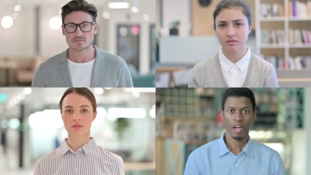 Collage verschiedener Rassen Menschen, die sich schockiert fühlen, Ausdruck — Stockvideo