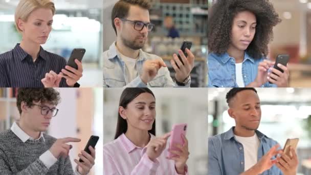 Collage van meerdere rassen Mensen met behulp van Smartphone — Stockvideo