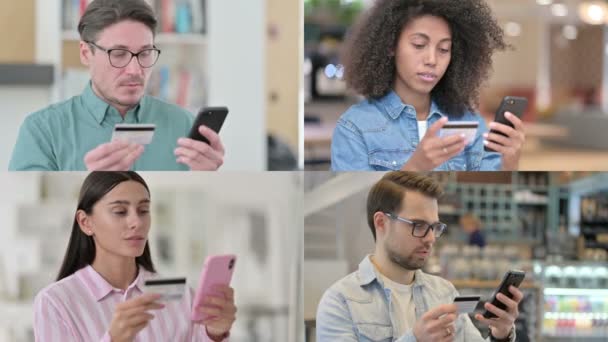 Koláž lidí, kteří úspěšně online platbu na Smartphone — Stock video