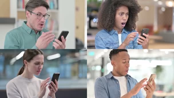 Collage verschiedener Rassen Menschen, die auf Verluste auf dem Smartphone reagieren — Stockvideo