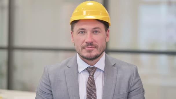 Retrato del atractivo ingeniero de mediana edad sonriendo ante la cámara — Vídeos de Stock