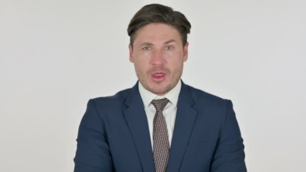 Middle Aged Businessman Putting Finger on Lips, Silence, White Background — Stok Video