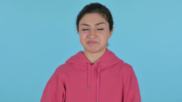 Angry Indian Girl Showing a Middle Finger Sign, Blue Background — Stock Video