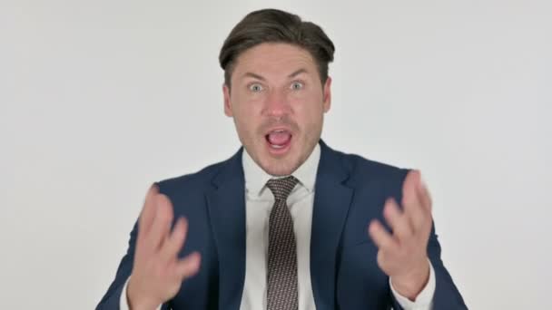 Middle Aged Businessman Feeling Angry, Fighting, White Background — Stok Video