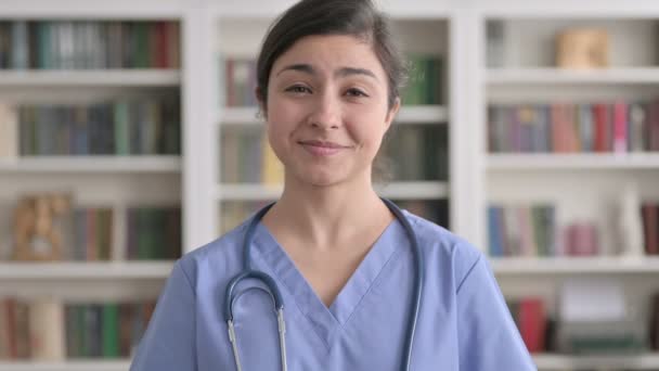 Portrait of Indian Female Doctor Showing Call me Sign — Stock Video