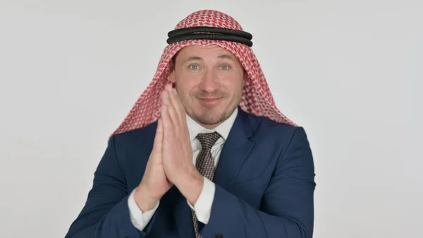 Empresário árabe feliz aplaudindo, palmas, fundo branco — Fotografia de Stock