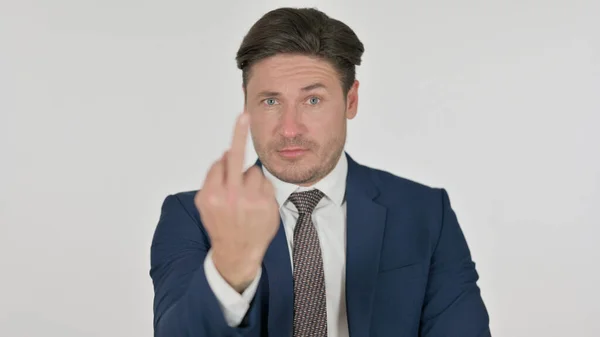 Enojado hombre de negocios de mediana edad mostrando un signo de dedo medio, fondo blanco —  Fotos de Stock