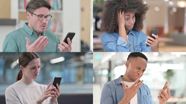 Collage von Menschen, die auf Verlust mit dem Smartphone reagieren — Stockfoto