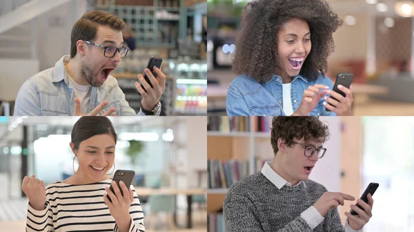 Collage of Casual People Celebrating Success on Smartphone — Stock Photo, Image