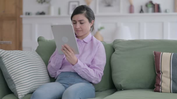 Indian Woman Talking on Video Call on Tablet on Sofa — Stock Video