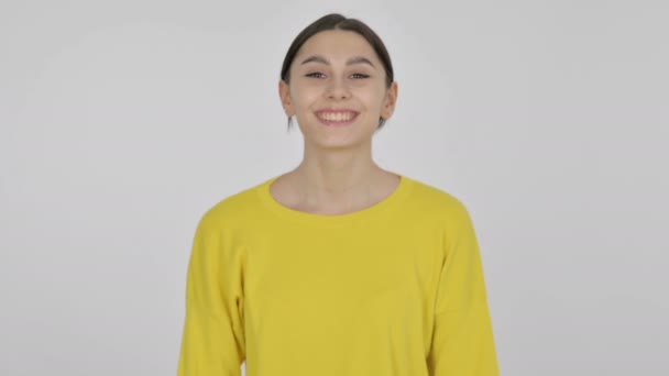 Spanish Woman Shaking Head in Approval on White Background — Stock Video