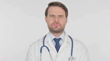 Denying Young Adult Doctor in Rejection on White Background 