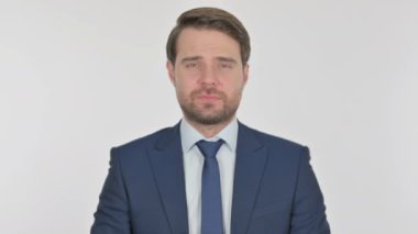 Young Adult Businessman Pointing at Camera, Inviting on White Background 