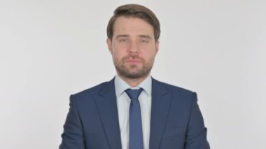 Denying Young Adult Businessman in Rejection on White Background 