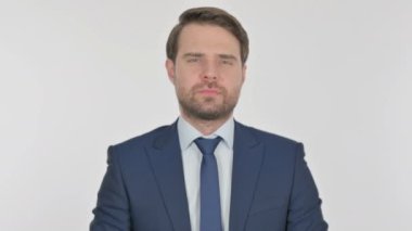 Denying Young Adult Businessman in Rejection on White Background 