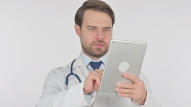 Young Adult Doctor Using Digital Tablet White Background — 图库视频影像