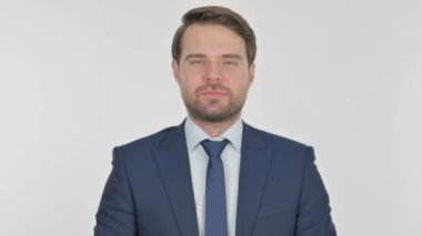 Thumbs Up by Young Adult Businessman on White Background 