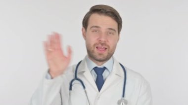 Young Adult Doctor Talking on Online Video Call on White Background 