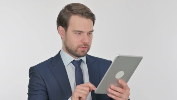 Young Adult Businessman Celebrating Success Tablet White Background — Vídeos de Stock