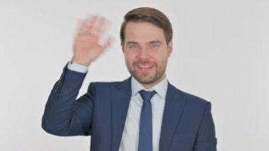 Young Adult Businessman Talking on Online Video Call on White Background 
