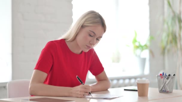 Young Woman Reading Documents Doing Paperwork Office — Wideo stockowe