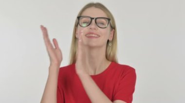 Casual Young Woman Clapping, Applauding on White Background 