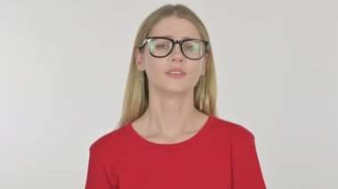 Denying Casual Young Woman in Rejection on White Background 