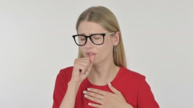 Casual Young Woman Coughing on White Background 