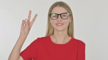 Casual Young Woman with Victory Sign on White Background 