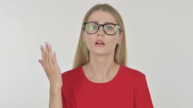 Angry Casual Young Woman Arguing on White Background 