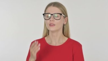 Tired Casual Young Woman Yawning on White Background 