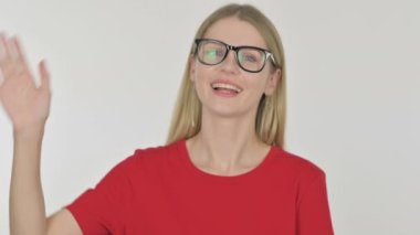 Casual Young Woman Waving Hand to Say Hello on White Background 