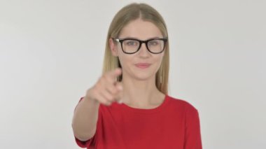 Casual Young Woman Pointing at Camera, Inviting on White Background 