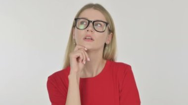 Pensive Casual Young Woman Thinking and getting Idea on White Background 