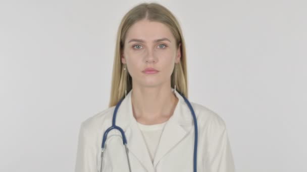 Serious Young Female Doctor White Background — Vídeo de Stock