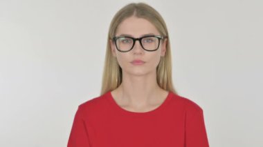 Casual Young Woman in Denial on White Background 